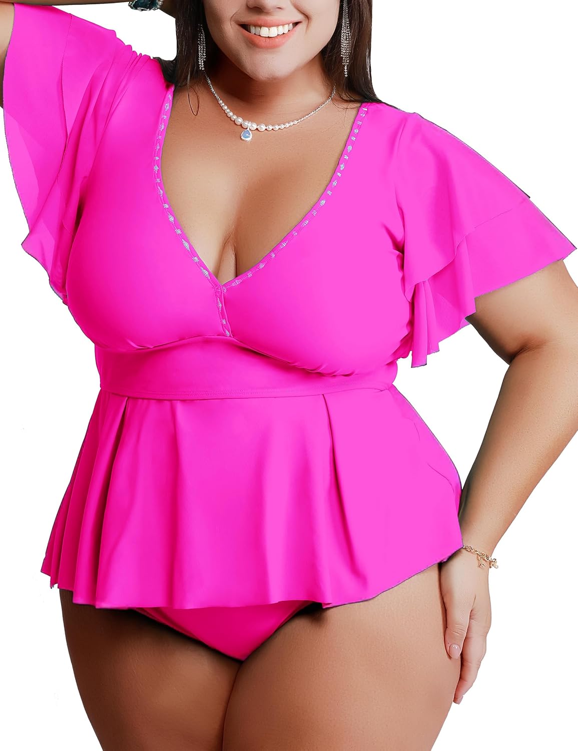 Womens Plus Size Tankini Tops Built in Padded Push Up Bathing Suit V Neck Ruffle Sleeves Bikini Top Only 2026