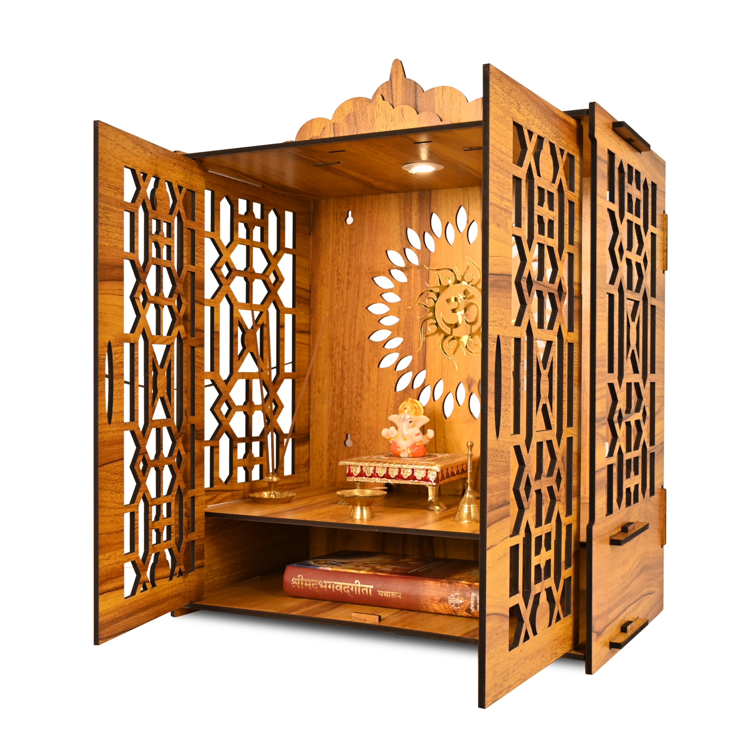 True Flair Temple Mandir for Home with Door | Wooden MDF, Assembly Required | Pooja Unit with Storage Space | LED Light and Wall Mounts | Pooja Mandir for Home Big Size (H-21, L-16.5, B-10 inch)