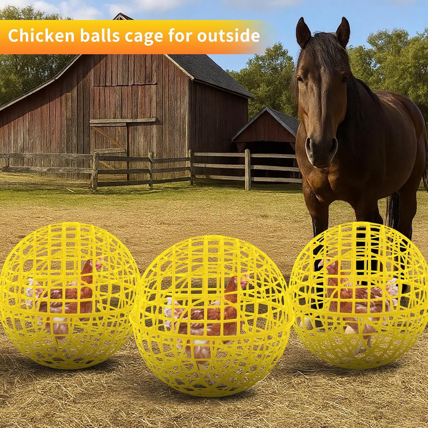 3 Pcs 15 Inch Yellow Ball Chicken Animals Cage, Plastic Rolling Orb Movable for Chickens Rabbits Birds Pigeons, Outdoor Farm Range Portable Round Coop Hutch Safety Globe Prevents Dog Bites