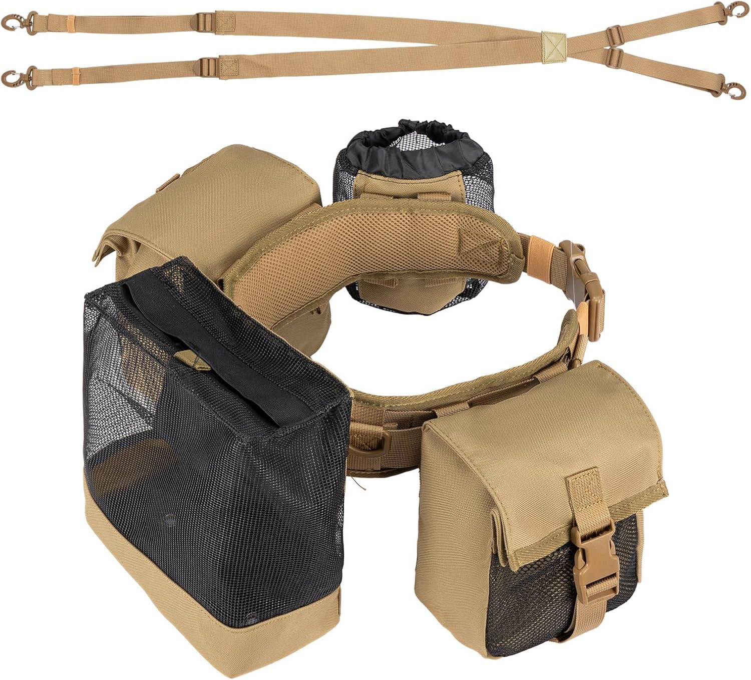 KEMIMOTO Tactical Hunting Belt, Quick Release Battle Belt for Men with Shoulder Strap, Breathable Design 4 Pouches to Carry Tools Accessories & Gear, Ideal for Hunting Fishing Dog Training (Brown)