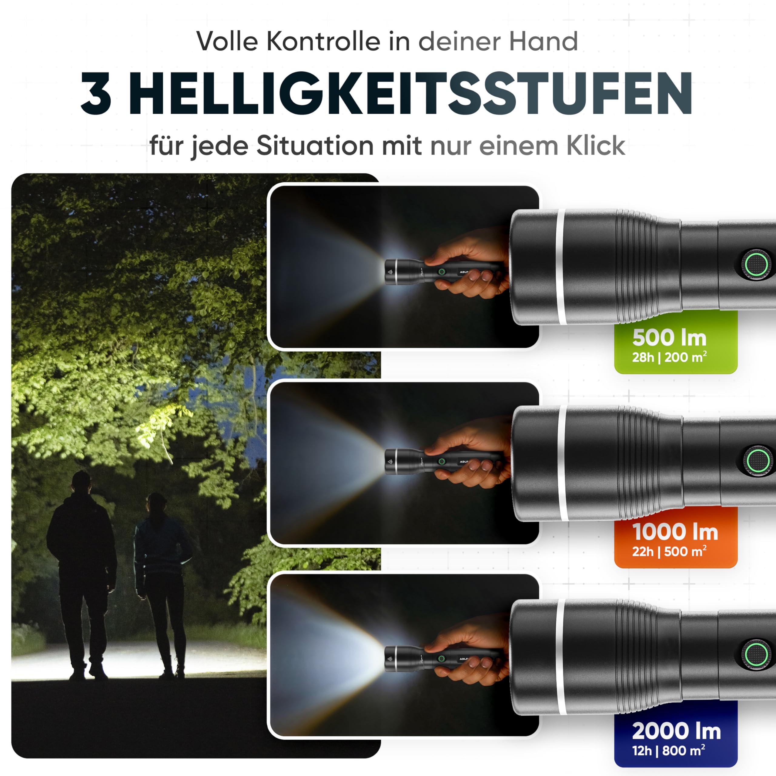 Lampe de poche | LED rechargeable 2000 lumens | Portée focale de 800 mètres | Durée d'éclairage de 28 heures | Pour camping, randonnée [Classe énergétique A]
