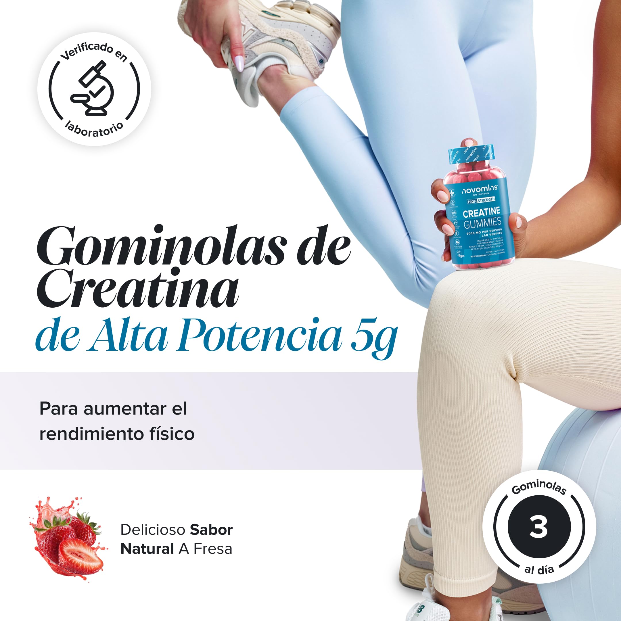 Creatina Gominolas – 5000 mg de Creatina Monohidratada por Porción – Alternativa a las Creatine Monohydrate Capsulas y Polvo – Para el Rendimiento Fisico y el Pre Workout – 90 Gominolas – Novomins
