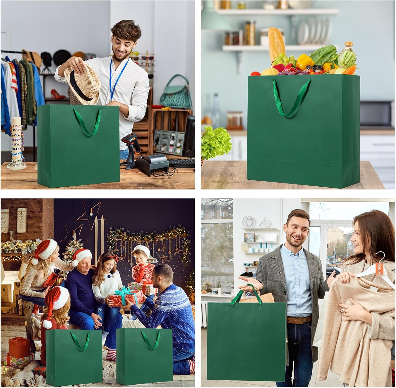 Umoofine Large Dark Green Gift Bag 12 Pack, 17x7x17 Inches Extra Large Kraft Gift Bags with Ribbon Handles, Reusable Heavy Duty Kraft Deep Green Paper Bags Bulk for Shopping, Wedding, Party, Gift