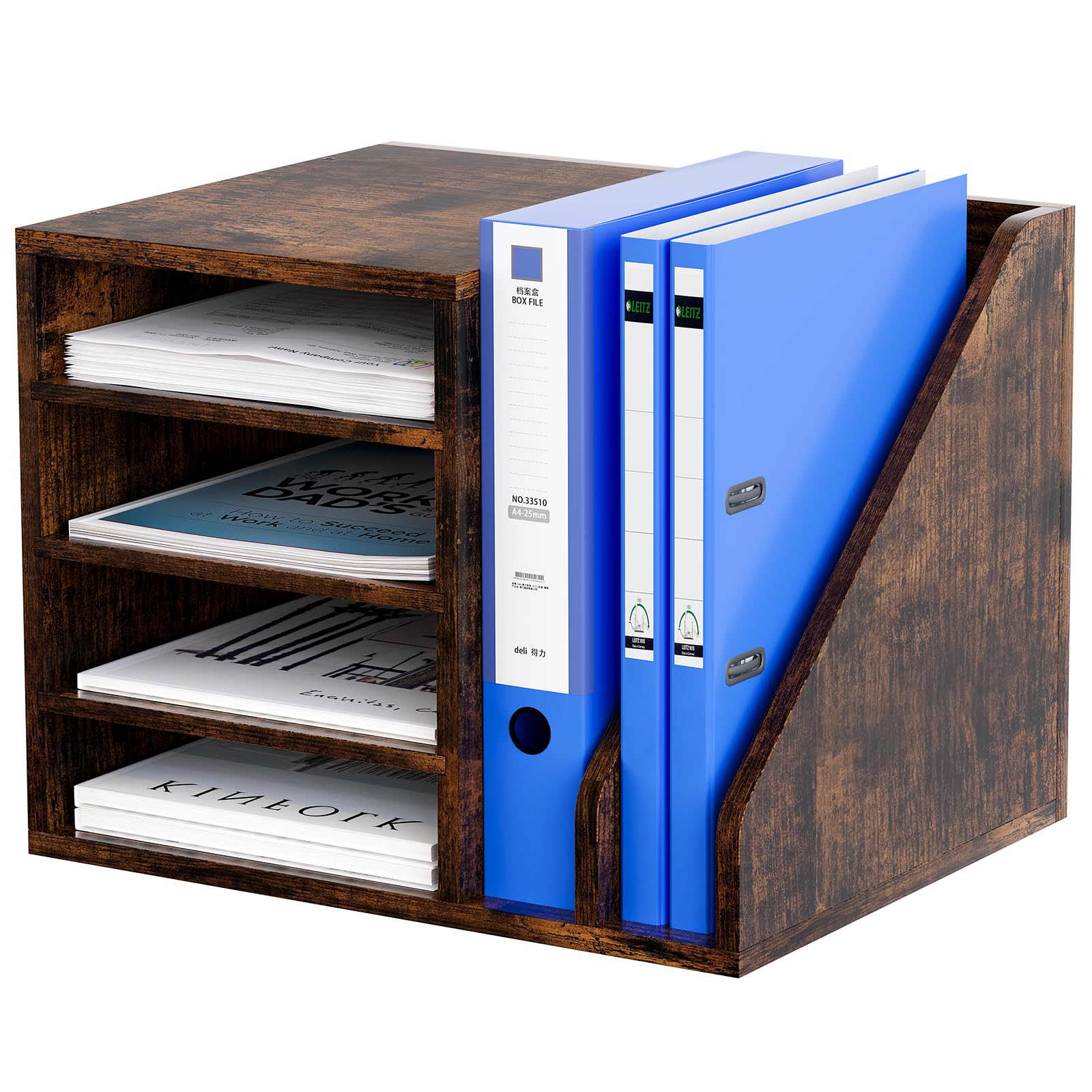 EasyPAG 6 Compartments Wooden A4 Desk Tray,File Holder,Paper Organiser,Magazine Storage,Filing Rack for Office & Home Desktop Tidy,Brown