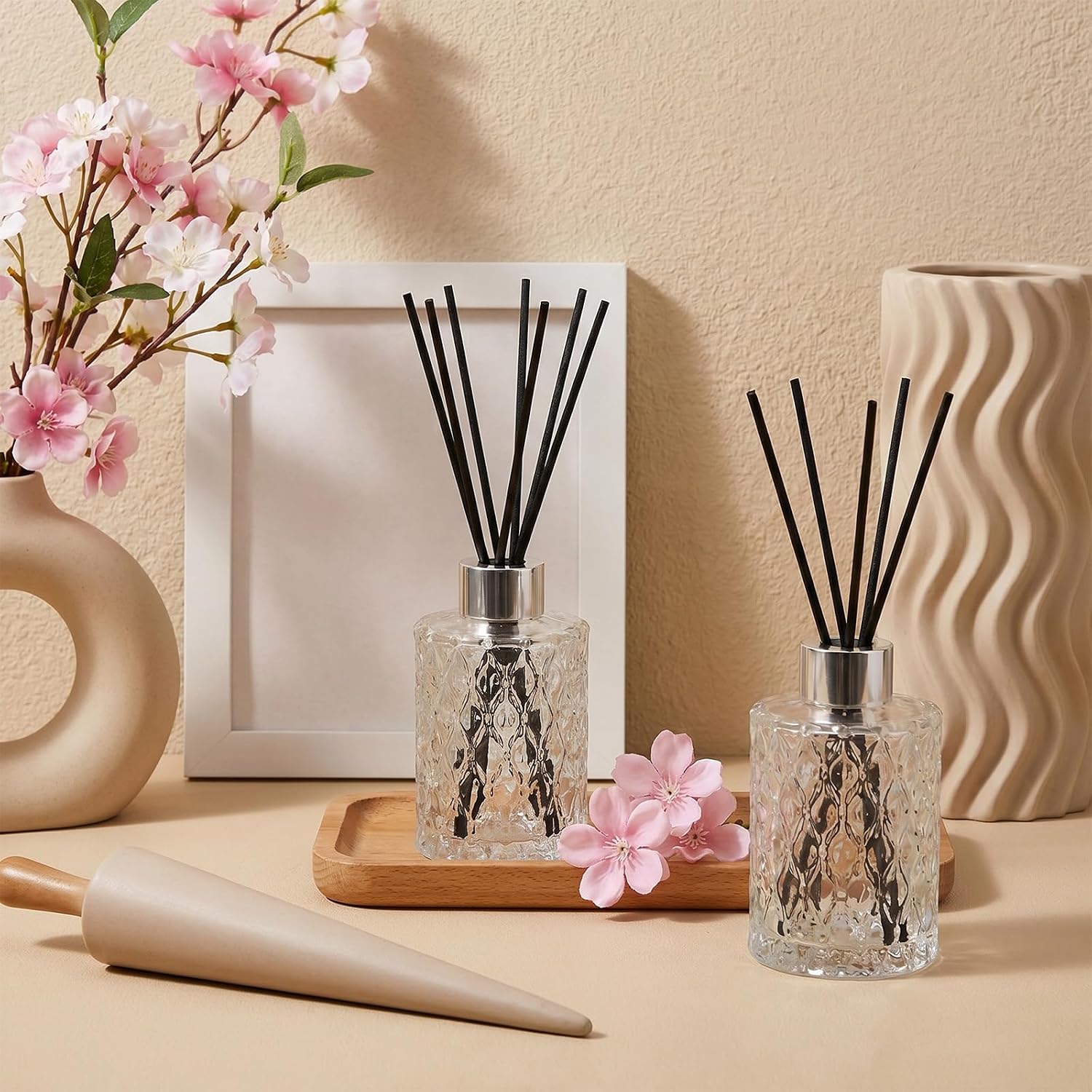 6 Set Empty Reed Diffuser Bottle Set with Stick, 150ml/5oz Clear Glass Diffuser Bottles with Sticks, Black Rattan Reeds & Silver Caps, for DIY Essential Oil, Home Fragrance, Bulk
