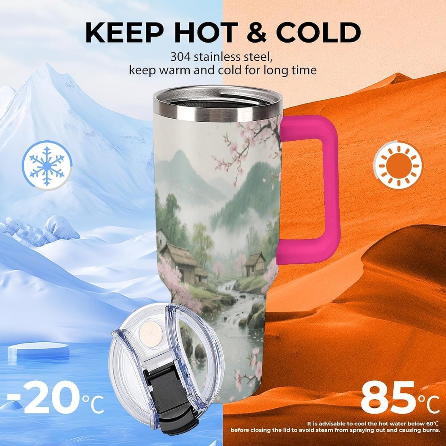 Travel Coffee Mug 40OZ Thermo Cups Thermos Cup Drink Cups Peach Blossom Wonderland Thermos with Cup with Handle Lid And Straw Suitable for Gifts Parties Offices Traveling