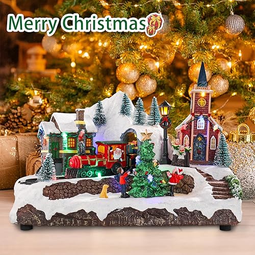 Miniatura 3 de Decoración de edificios de pueblo navideño, edificios coleccionables de Navidad, pueblo musical de Navidad, Papá Noel en tren con luces LED y 8
