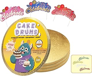 14 Inch Cake Drums,Gold Cake Boards 14 Inch Round(4-Pack),1/2 Inch Thick Cake Boards with Banner Cake Topper,Sturdy,Greaseproof for Birthday Wedding Multi-Tiered Cake by GoldenBakeryFamily