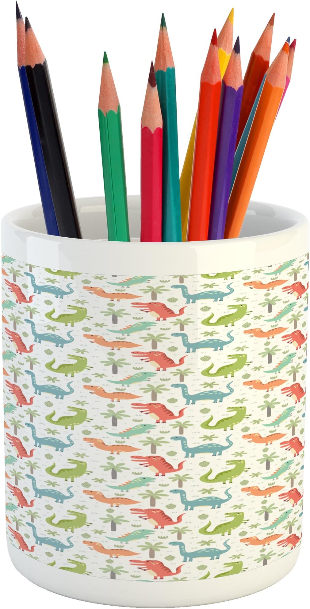 Printawe Dinosaur Party Pencil Pen Holder, Tyrannosaurus Doodle Shower Birth of Celebration Pattern, Ceramic Pencil Holder for Desk Office Accessory, 3.6" X 3.2", Multicolor