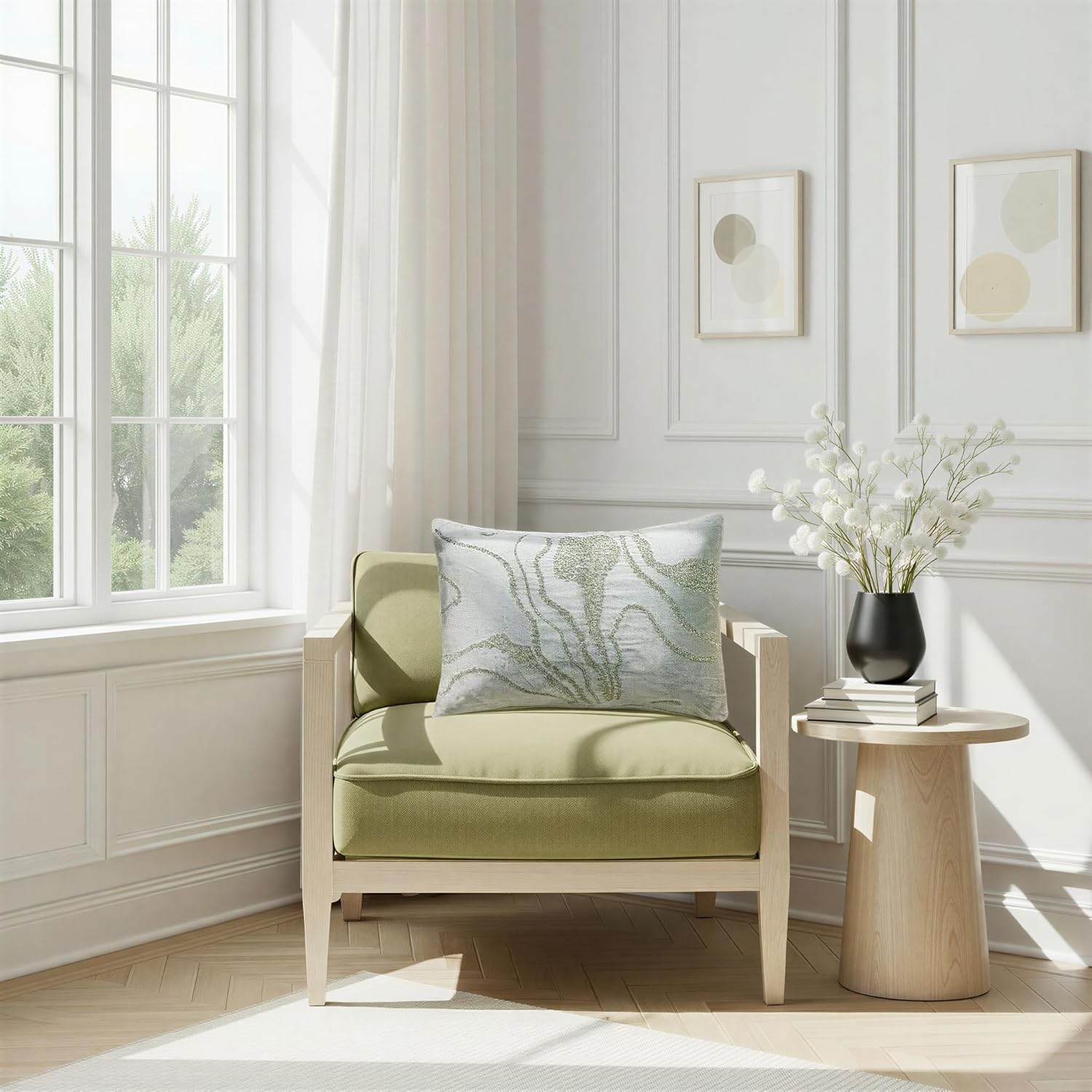 Creative Co-Op Cotton Velvet Rectangular Lumbar Pillow with Beaded Design, Green