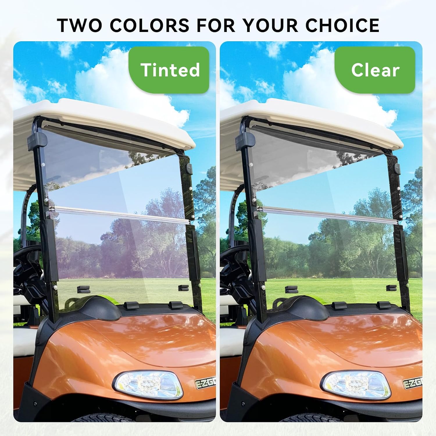 Flip Flop Compact Golf Cart Windshield for E-Z-GO RXV, Tinted Color, 3/16" Thickness, Fits EZGO RXV Pre-2015 and 2016+ Models