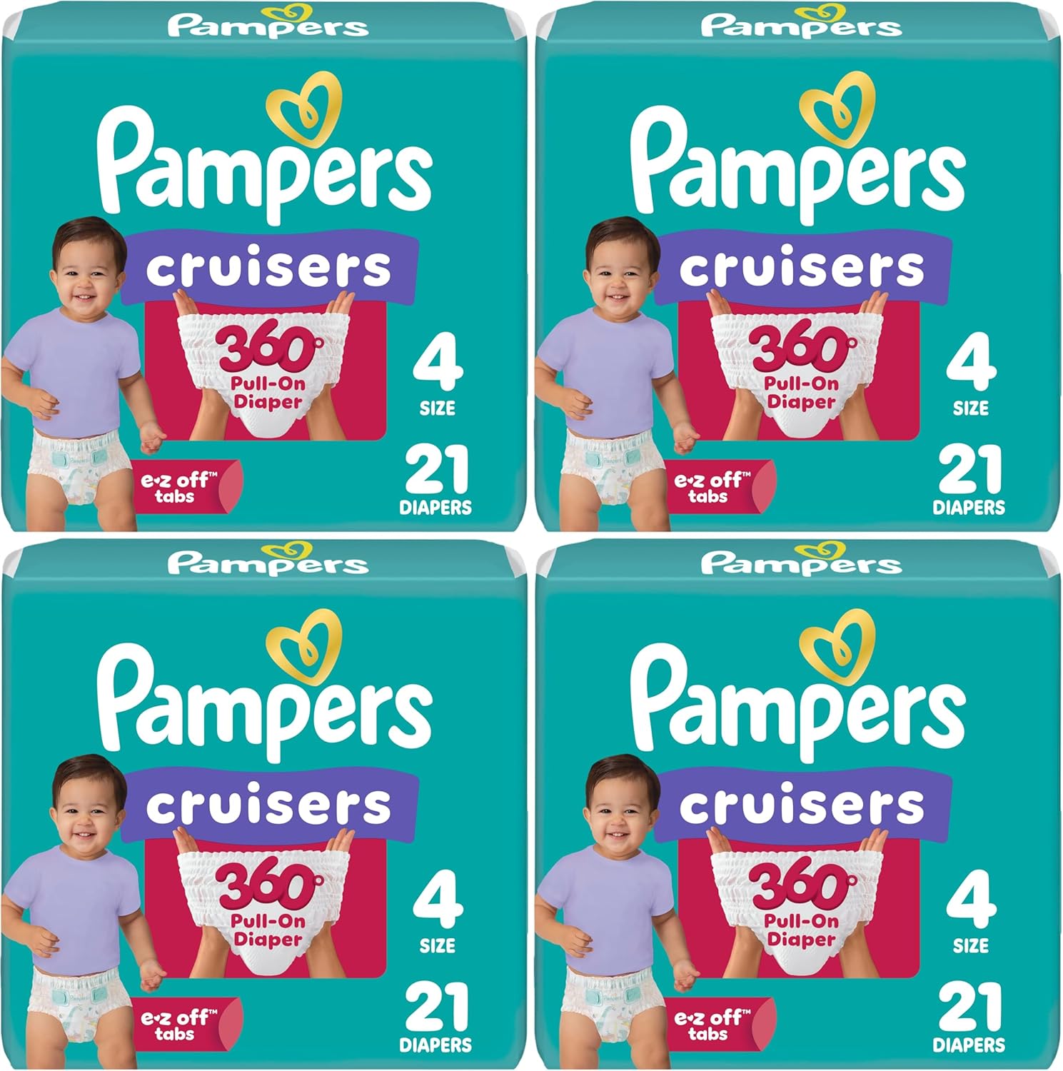 Pampers Diapers - Cruisers 360° - Size 4, 21 Count, up to 100% Leakproof Fit, Designed for Active Babies, Pull On Diaper (Pack of 4)