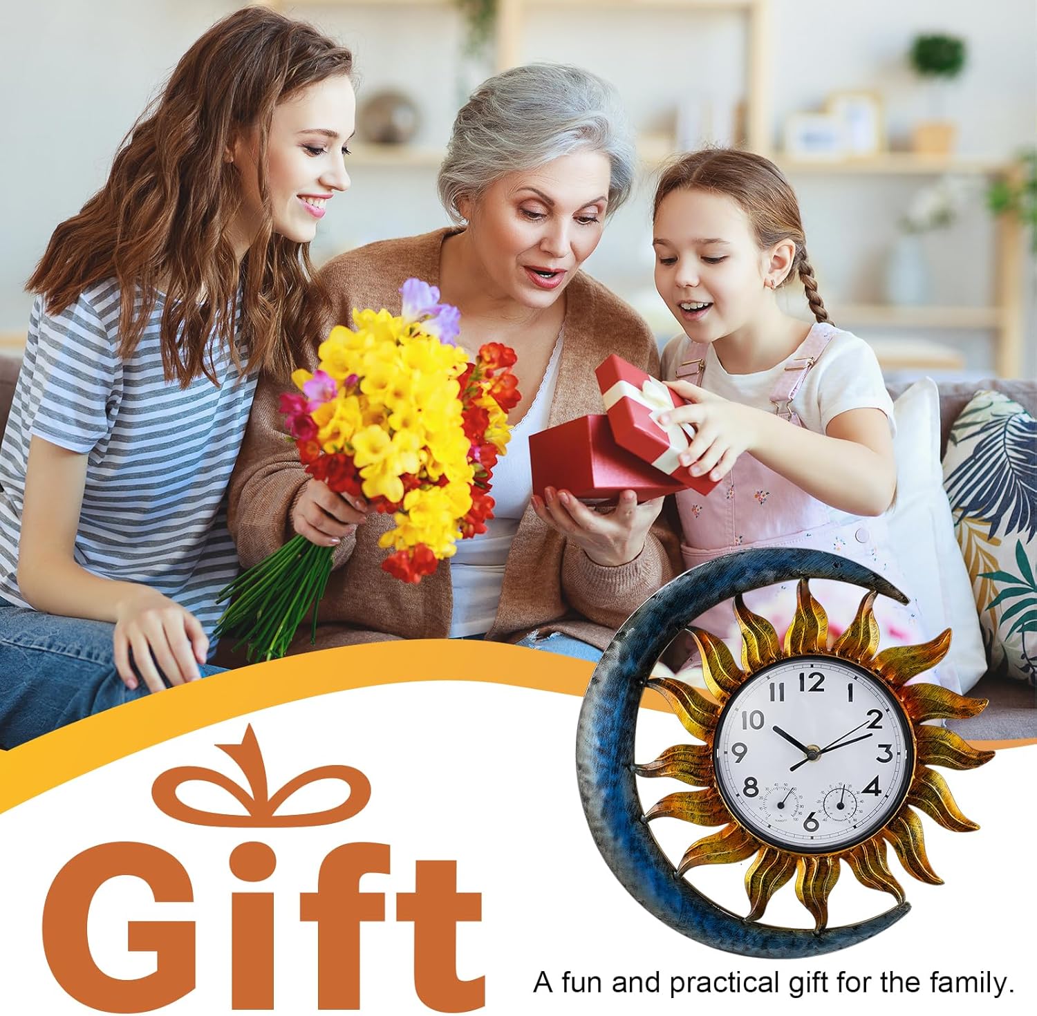 shumi Sun and Moon Outdoor Clock, Decorative Wall Clock for Patio Living Room,Silent Non-Ticking Outdoor Clock Thermometer Combo