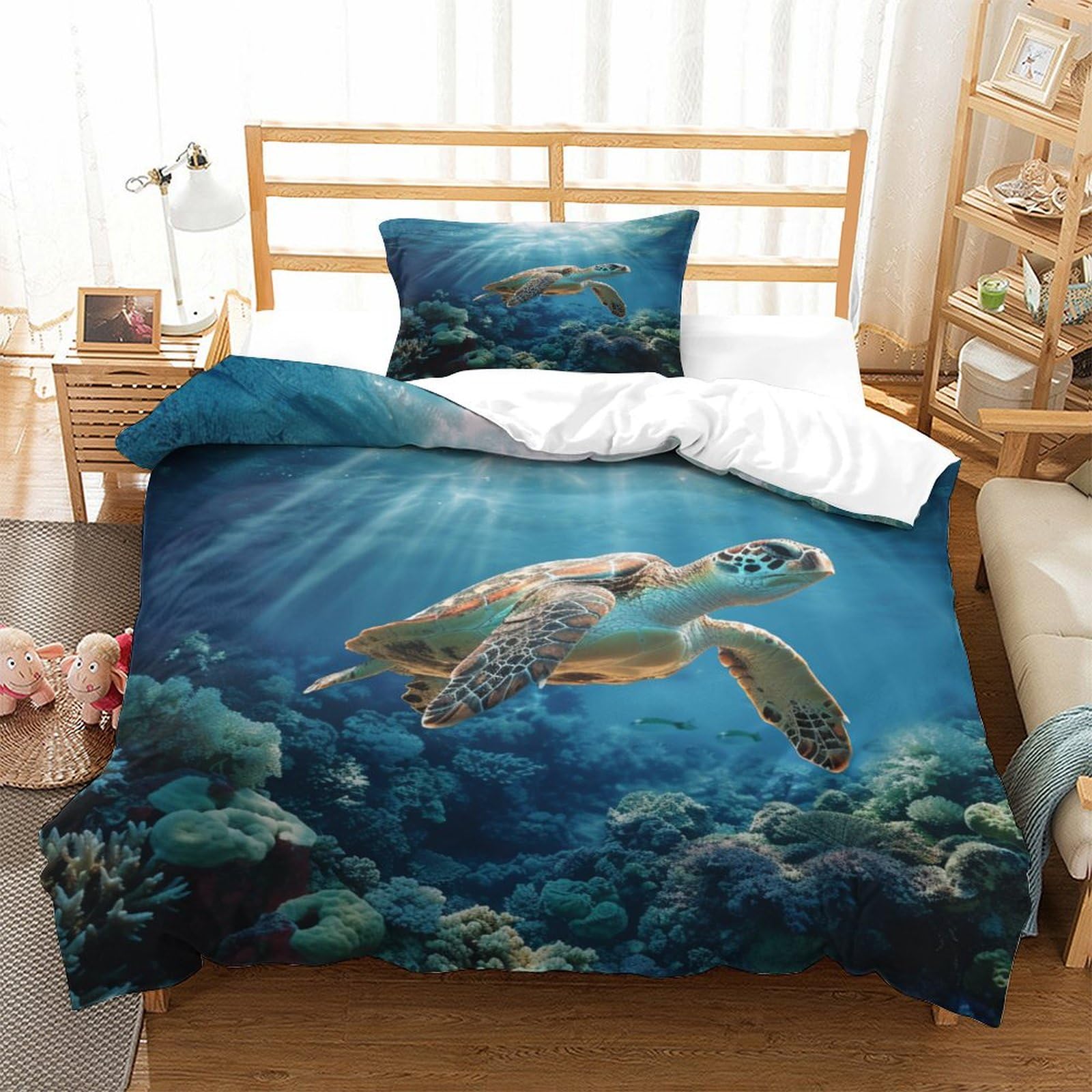 P1s9u7w5y Sea Turtle-5 Realistic Sea Turtle 3D Printed Duvet Cover Set 3Pcs Microfiber Ocean Bedding Set Single（135X200cm）