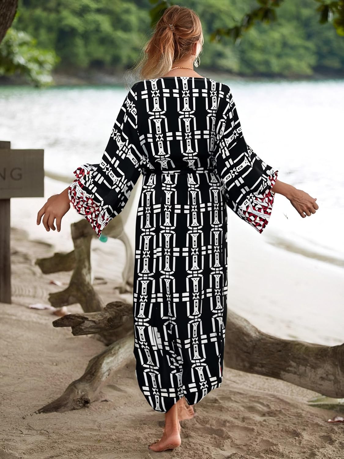 Checked beach kimono cover ups for Women 3/4Sleeve Kimono Duster Light Weight Kimono Cover up Loose swimwear cover ups kimono robes Open Front summer cardigans Beach Cover up with Belt (778 Check) - Image 2