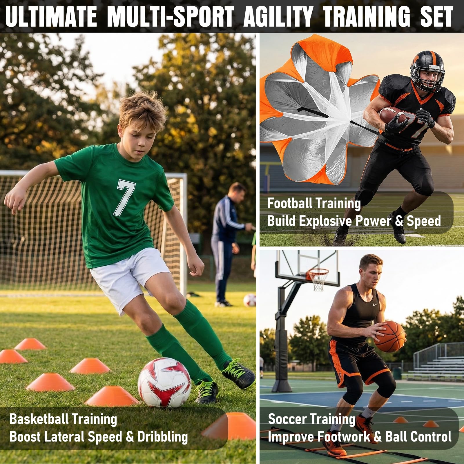 Agility-Leiter, Geschwindigkeitstrainingsausrüstungs-Set, 6 m, Agility-Leiter, 12 Fußballkegel, 4 Hürden, Springseil, Lauffallschirm, Basketball, Fußball, Trainingsgeräte für Kinder, Jugendliche,