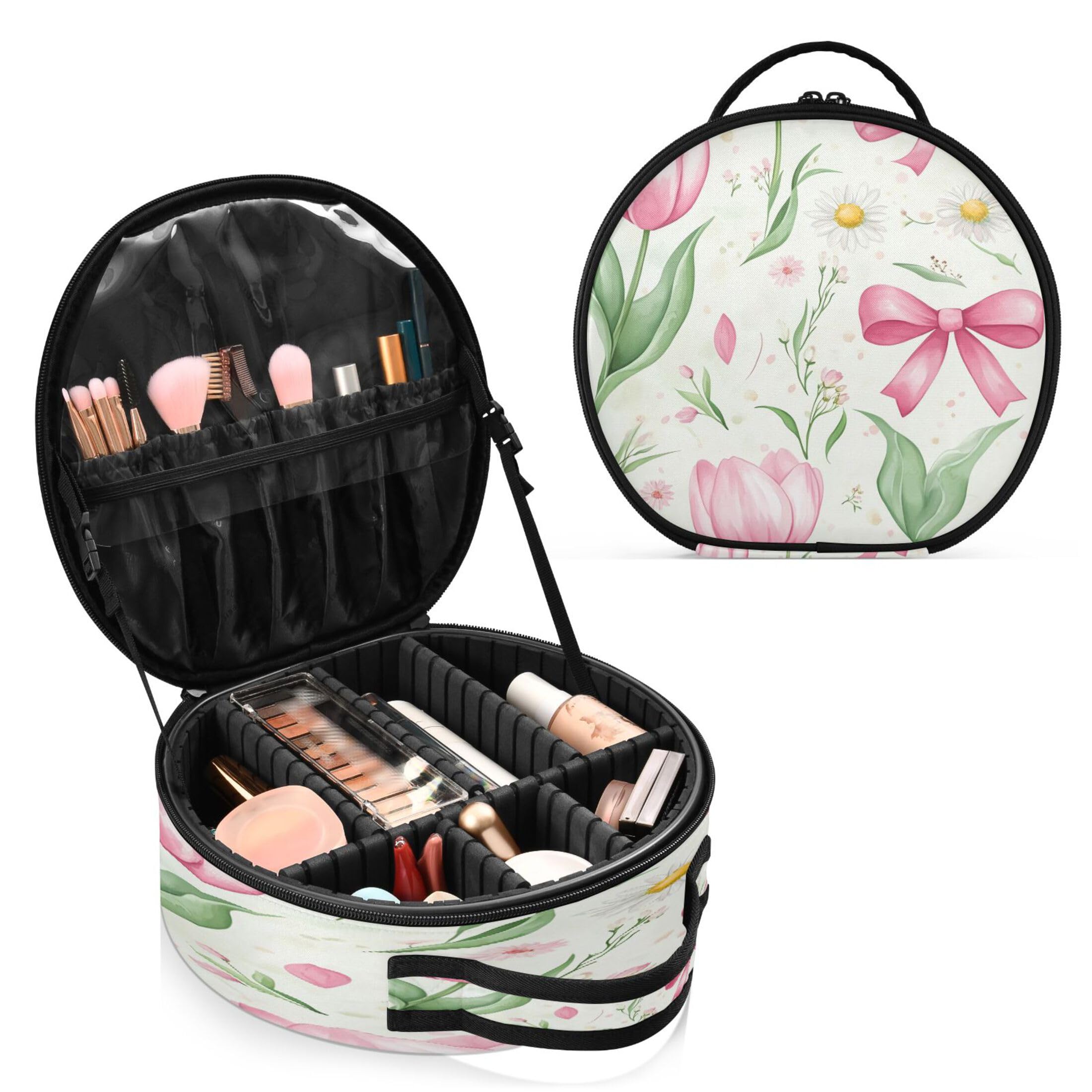 Takiito Tulips Bows Travel Makeup Case Portable Makeup Box Artist Cosmetic Case Organizer With Adjustable Dividers