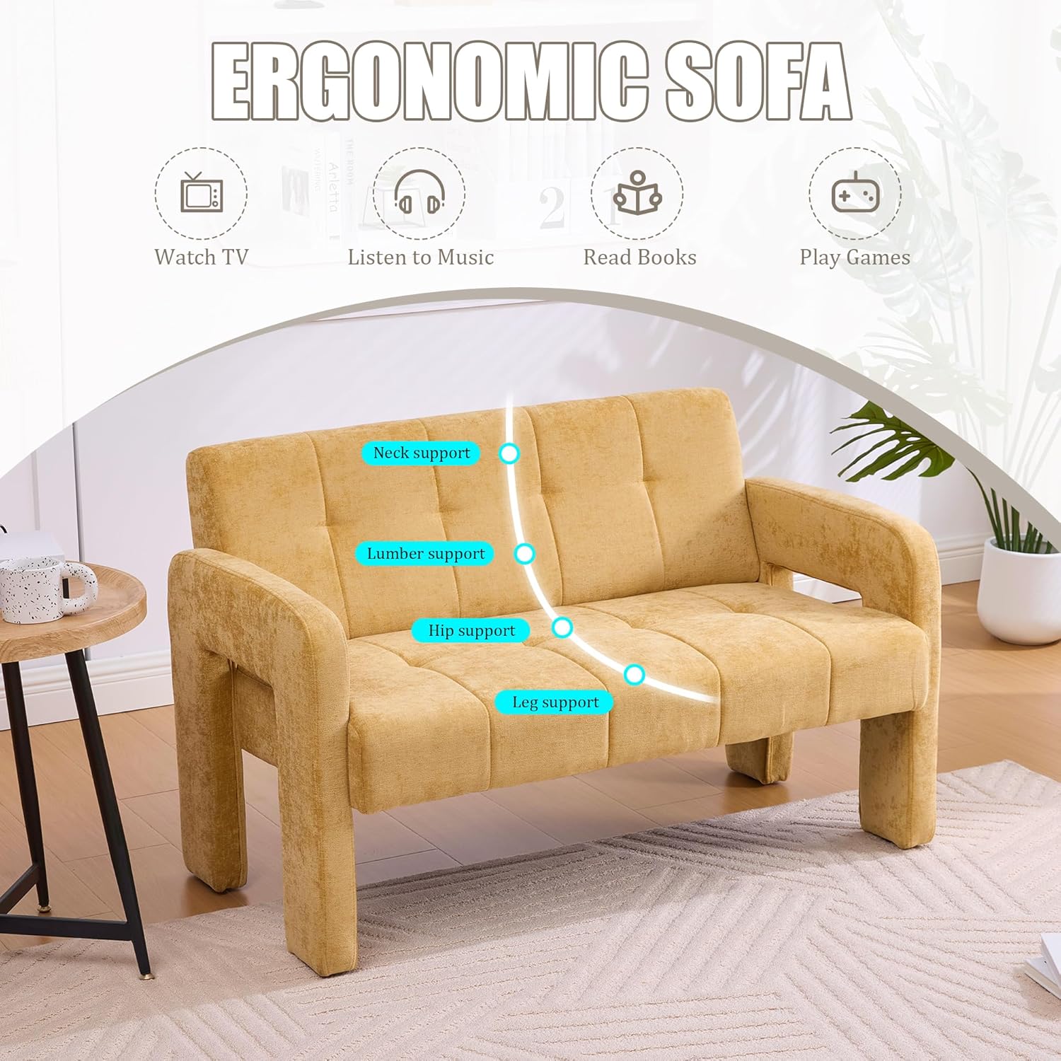 47'' Modern Loveseat, Comfortable Small Couch for Two with Chenille Fabric, Minimalist Accent Chair for Bedroom, Office, Entryway, Dorm (Mustard Yellow)