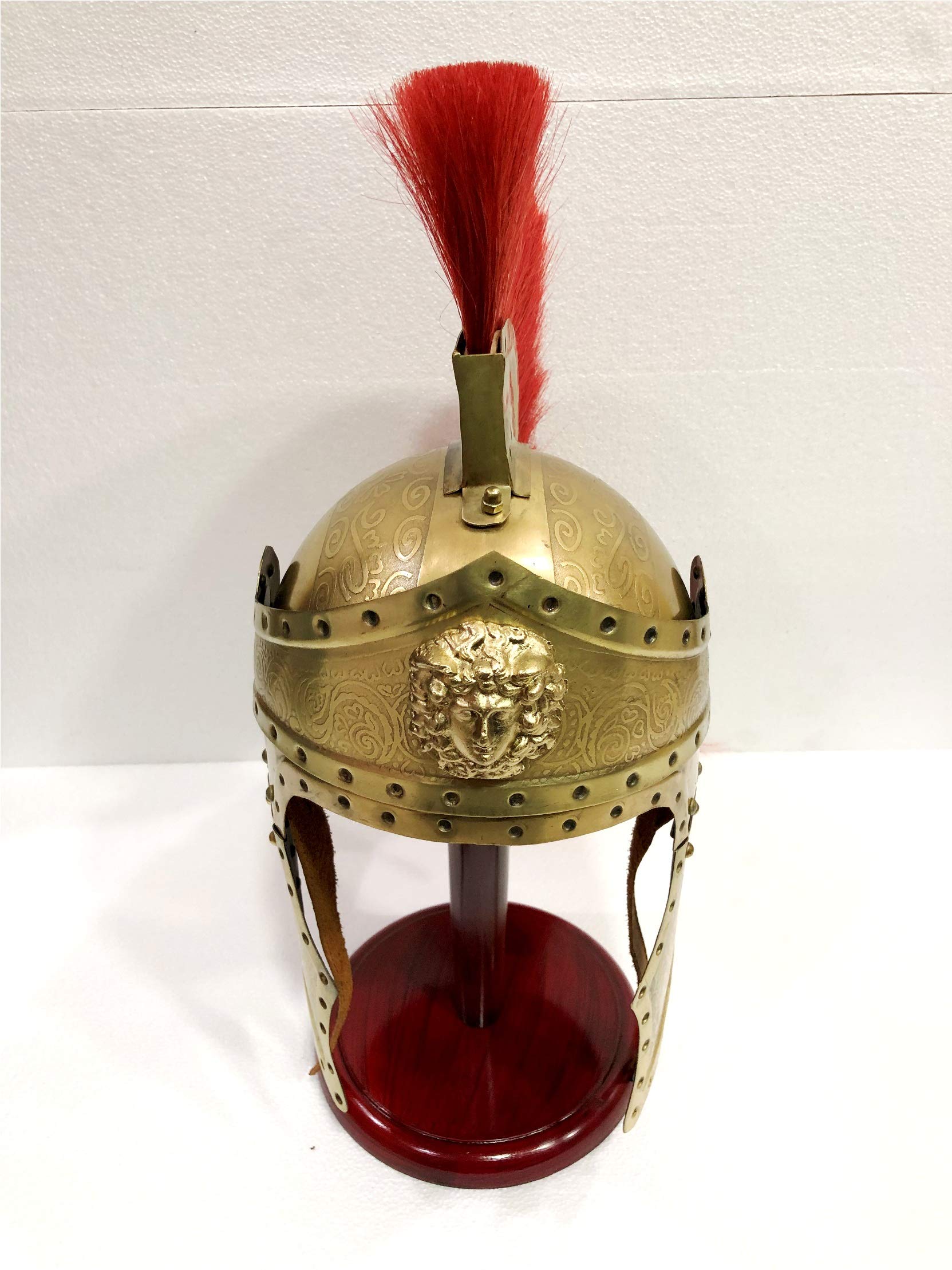 Antique Casque médiéval romain Centurion vintage armure rouge crête plume spartiates avec support en bois