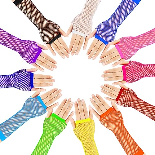 Miniatura 3 de TecUnite 12 pares de guantes de red sin dedos con neón para mujer y hombre, accesorios y suministros para disfraces de fiesta de los 80