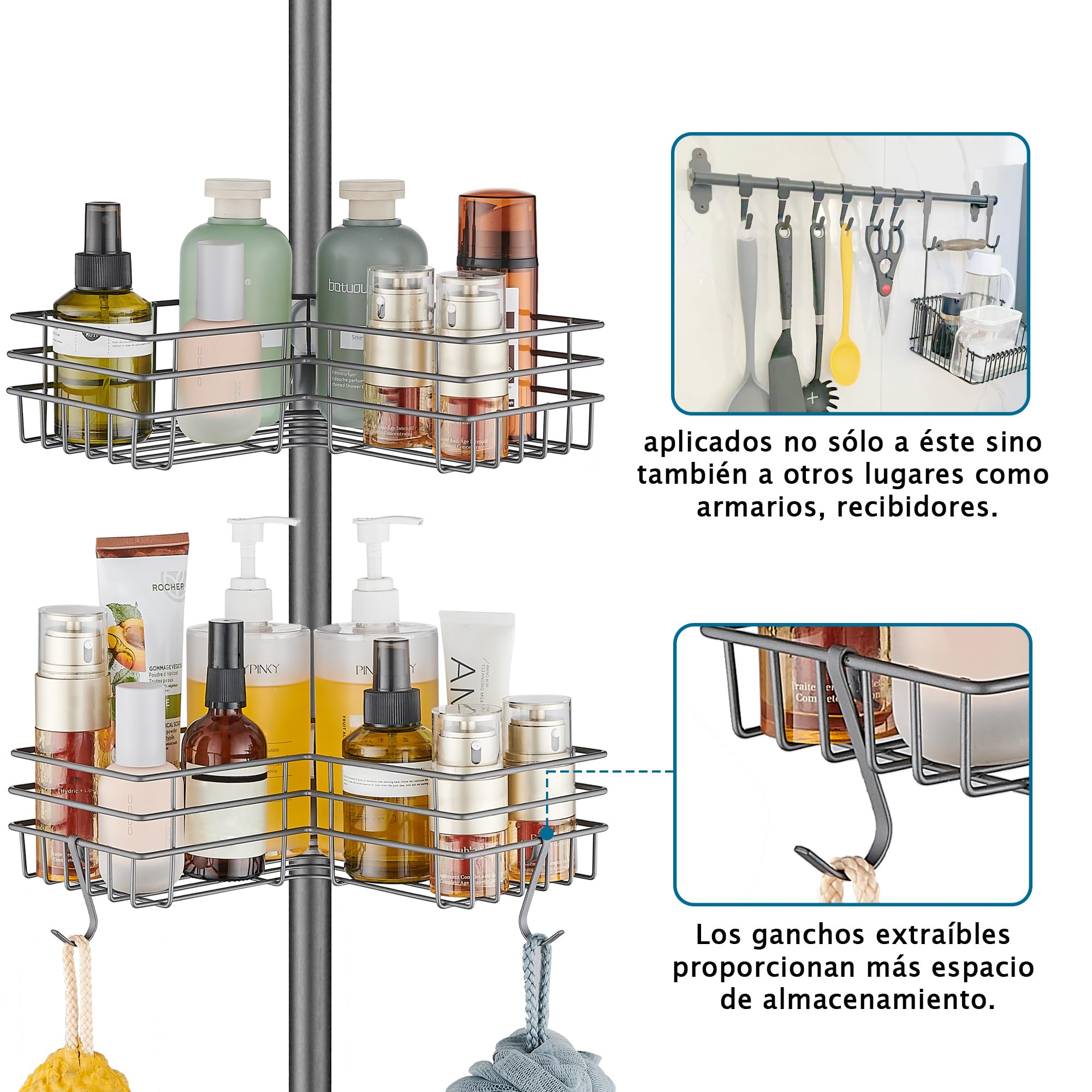 Estanteria Baño Telescopica Estante Ducha sin Taladro Acero Inoxidable Repisas Esquina Baldas con 4 Bandejas, Regulable 85-325cm, apto para Bañera Baño y Cocina, Gris
