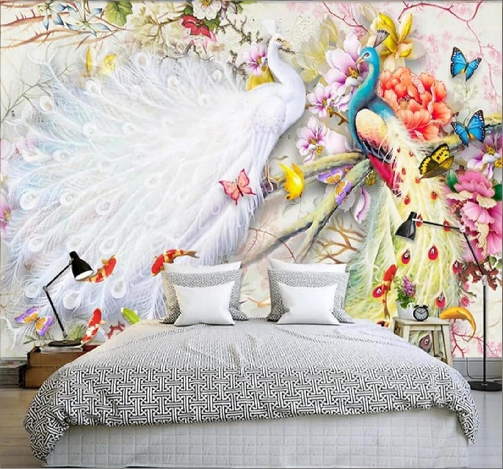 Xlming 400Cm×280Cm(B×H) Beautiful Watercolour Peacock Peony Butterfly 3D Wallpaper Luxury Home Dining Decor Paste Sofa Living Room The Wall For Bedroom Mural-400Cm×280Cm