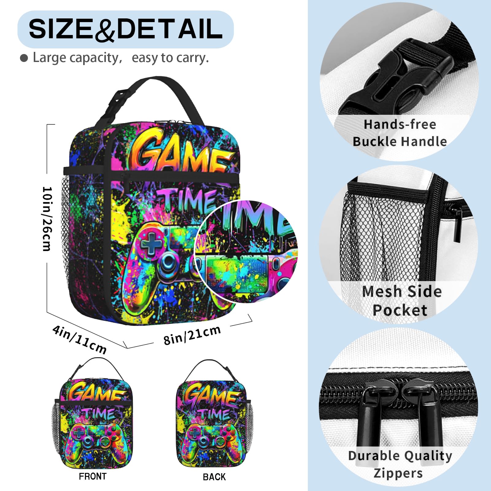 Lonchera de videojuegos para niños y adolescentes, con graffiti colorida, reutilizable, aislada, portátil, para niños, escuela, picnic, senderismo, playa, viajes