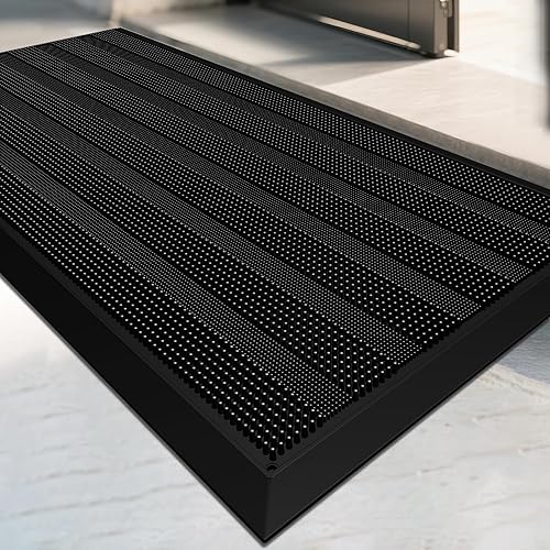 Mibao Front Door Mat Entrance, Waterproof All Weather All Season Non-Slip Rubber Welcome Mat, Dirt Trapper Low-Profile Heavy Duty Mud Doormat for Patio Entryway Garage Pool, 17" x 36", Black