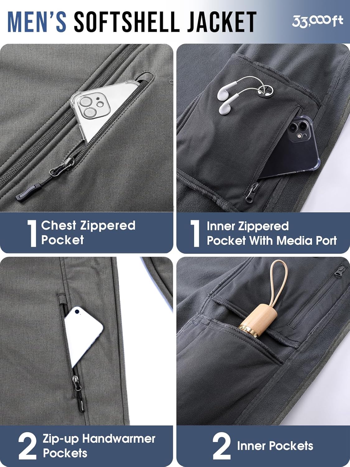 33,000ft Men's Softshell Jacket with Hood Fleece Lined Windbreaker Lightweight Waterproof Jackets for Hiking - Image 4