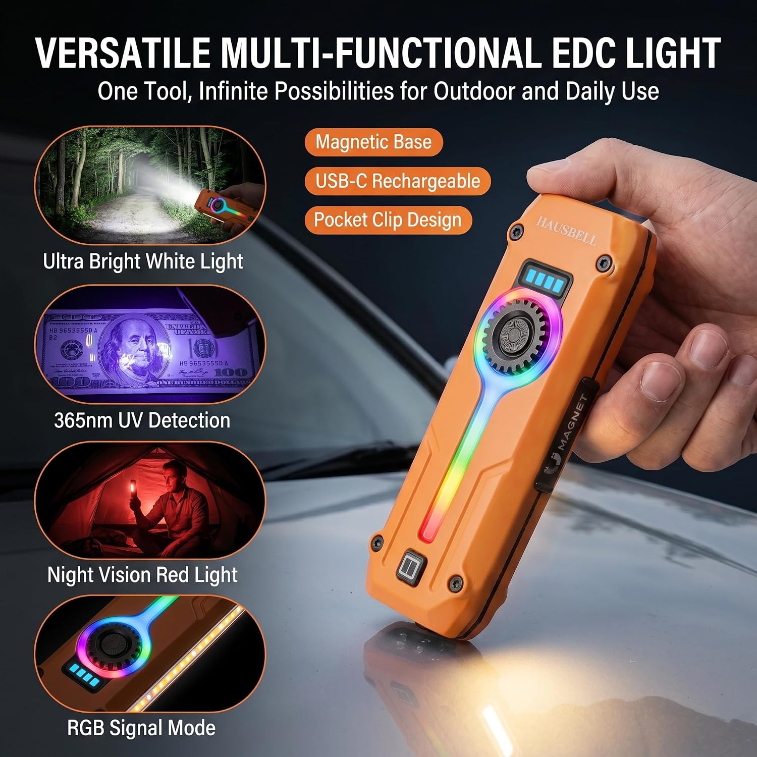 HAUSBELL Flat EDC Flashlight 1800 High Lumens, Stainless Steel Rechargeable Pocket Light with UV Blacklight, Red Light for Cats, Arrow-Shaped RGB Beacon, Magnetic Work Light, USB-C Stepless Dimming