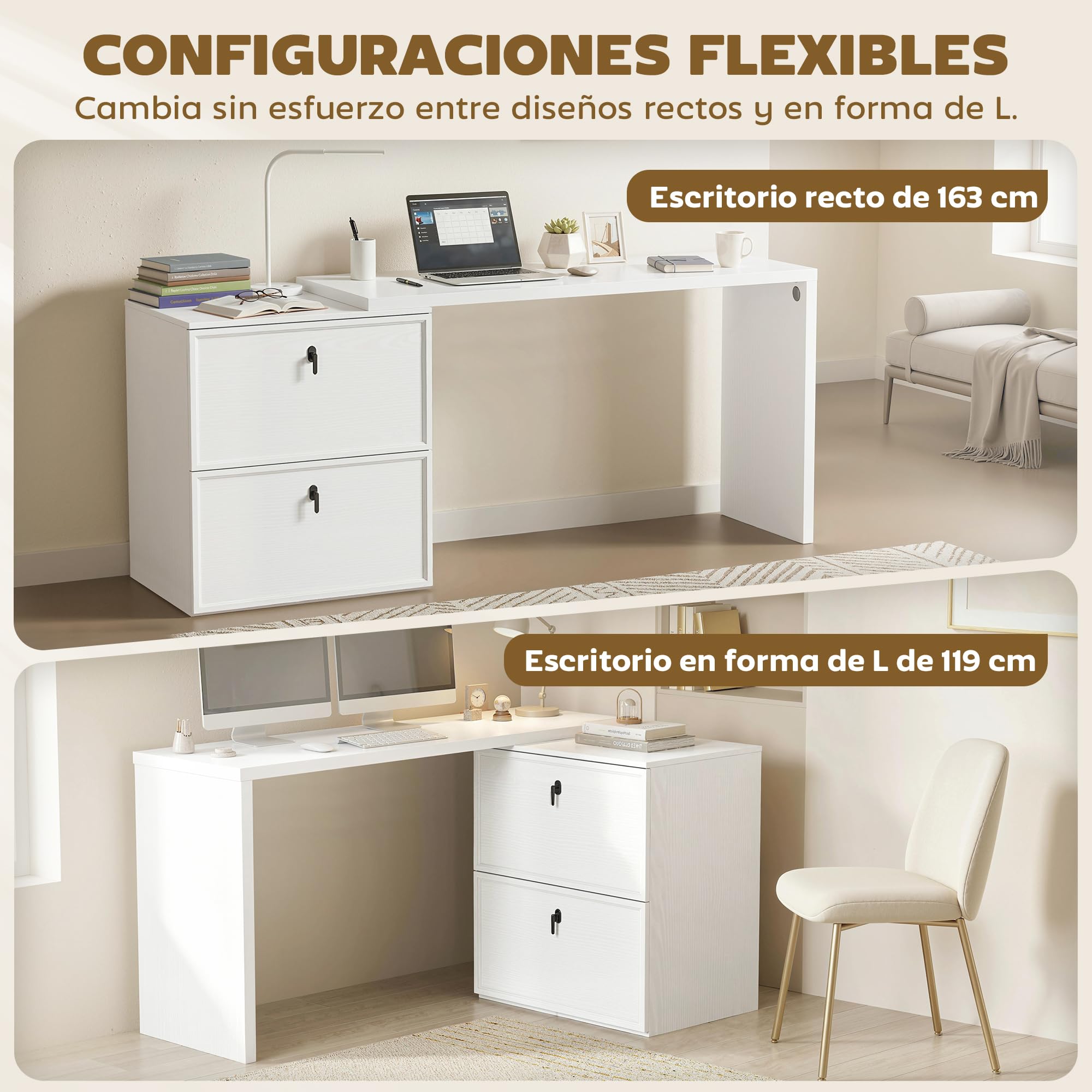 HOMCOM Escritorio Reversible en Forma de L con 2 Cajones Blanco