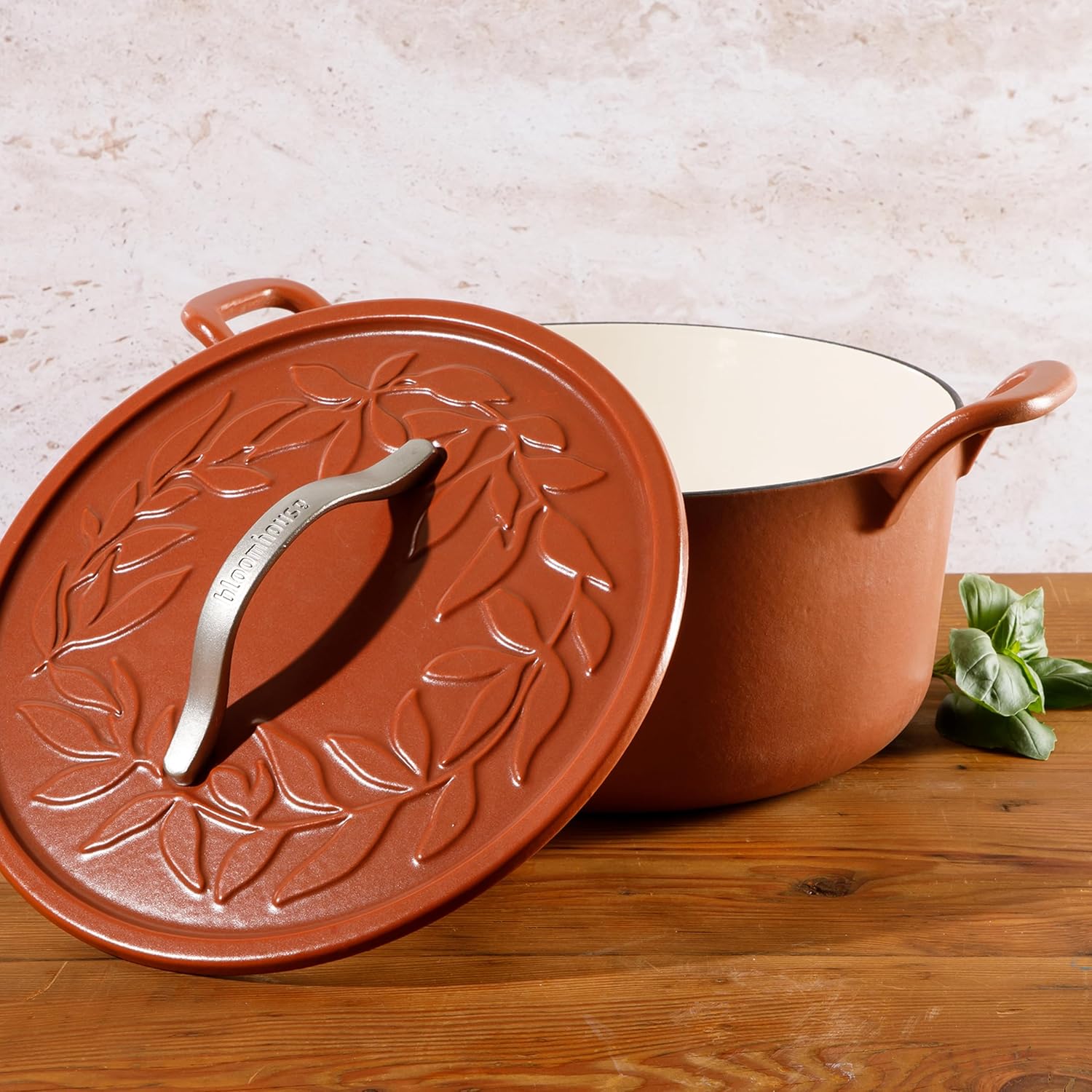 Bloomhouse 7 Qt Cast Iron Dutch Oven W/Embossed Lid, European Enamel, & Olive Wood Trivet - Matte Terracota