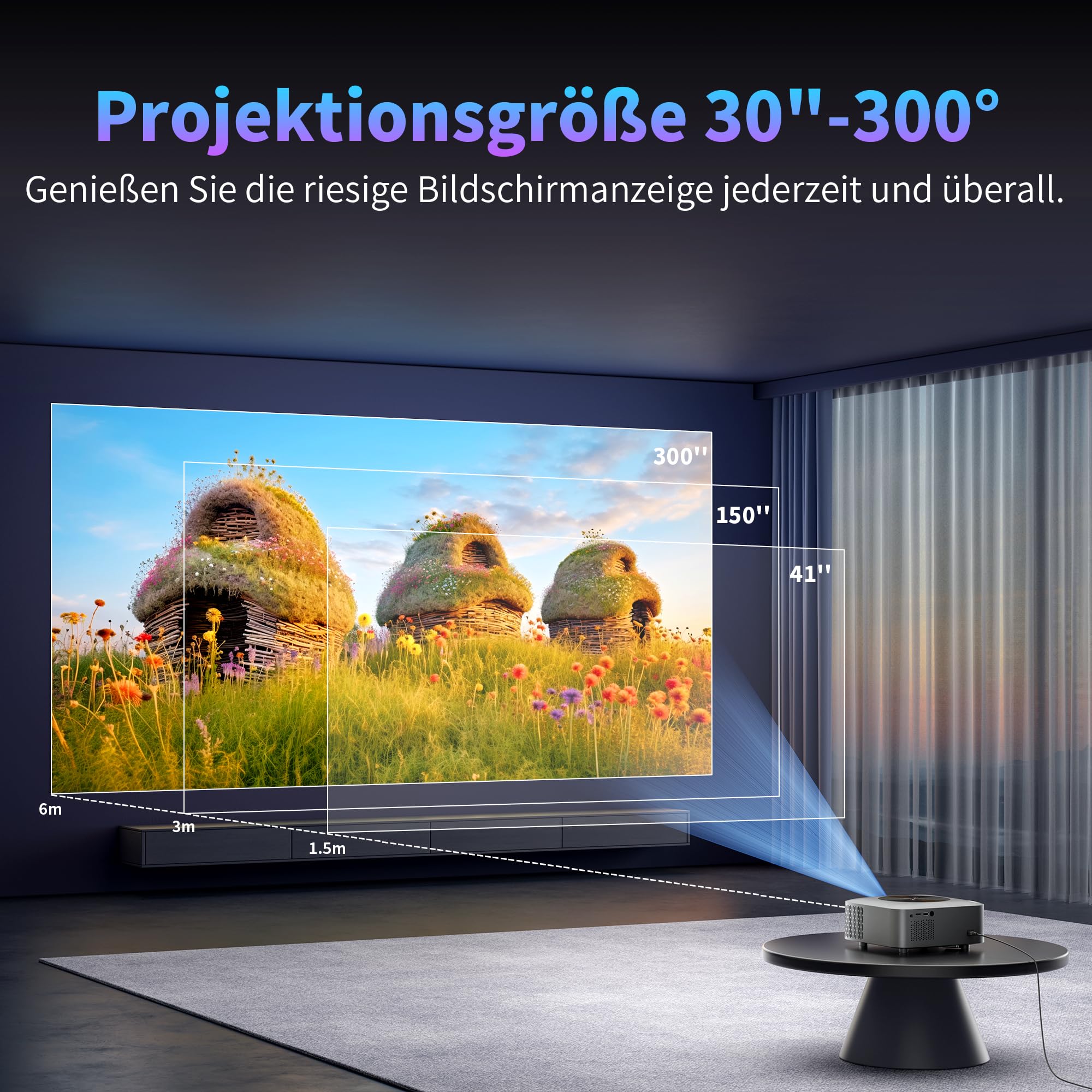 Projektor 4K, Android OS 12.0, 4 GB + 32 GB, miniprojektor z e-fokusem, WiFi6, Bluetooth 5.0, 500 ANSI, FHD 1080P, 4D Keystone, Zoom, kompatybilny z USB, AV, HDMI, smartfonem, laptopem, grami