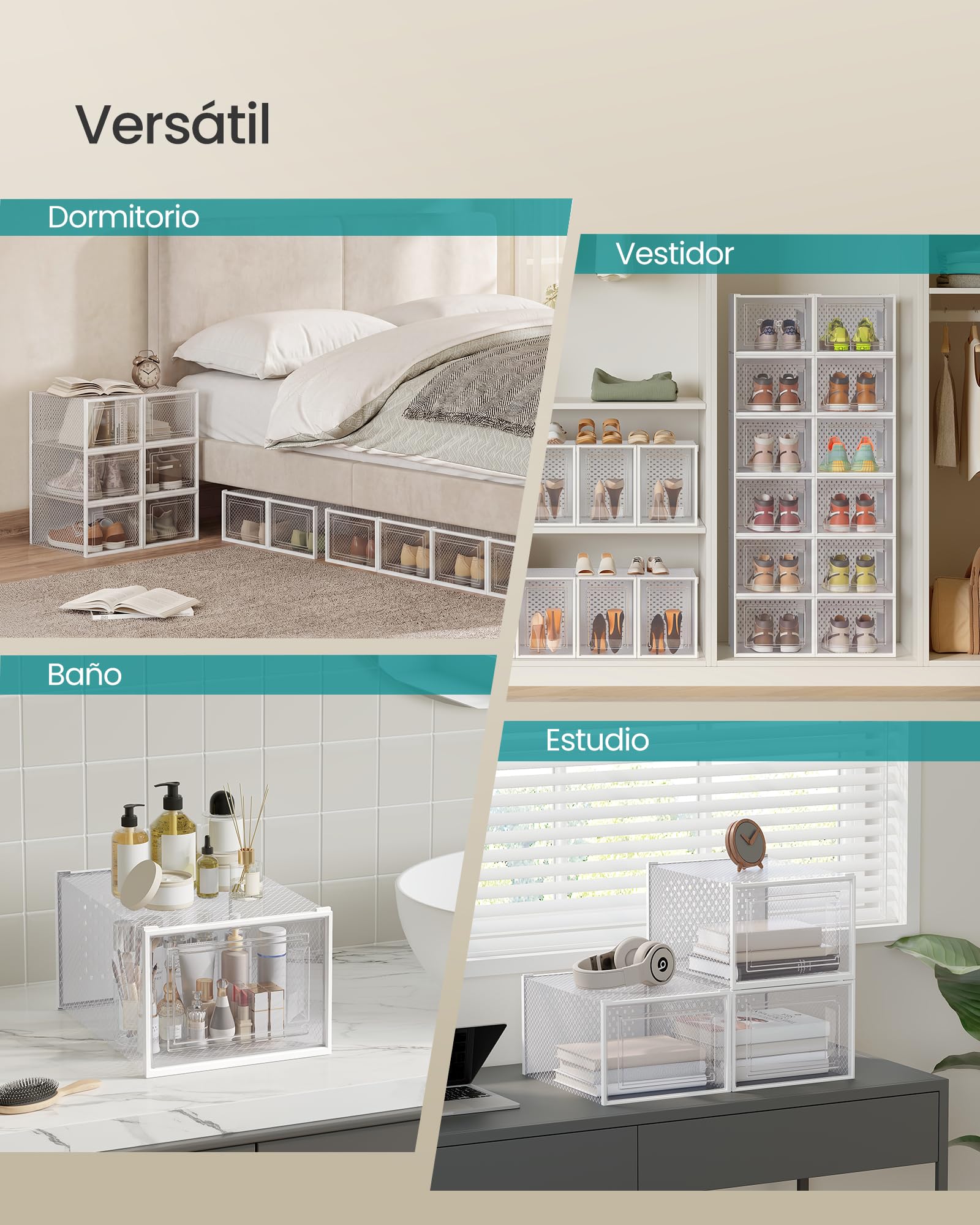 SONGMICS Cajas de Zapatos, Organizador de Zapatos de Plástico, Plegable y Apilable, para Zapatos de hasta Talla 47, Juego de 12, Transparente y Blanco Nube LSP12MWT