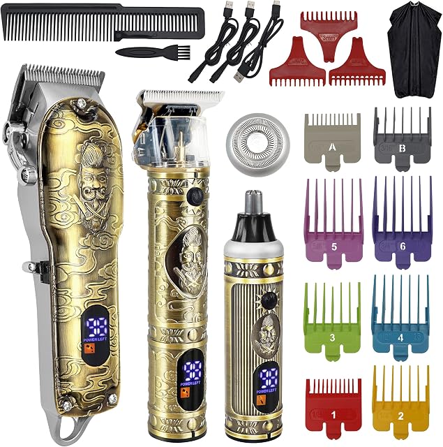 Hair Clippers Set Men Professional Beard Trimmer Nose Hair Trimmer Hair Cutting Machine Cordless T-Blade Trimmer Haircut Kit Rechargeable with LED Display