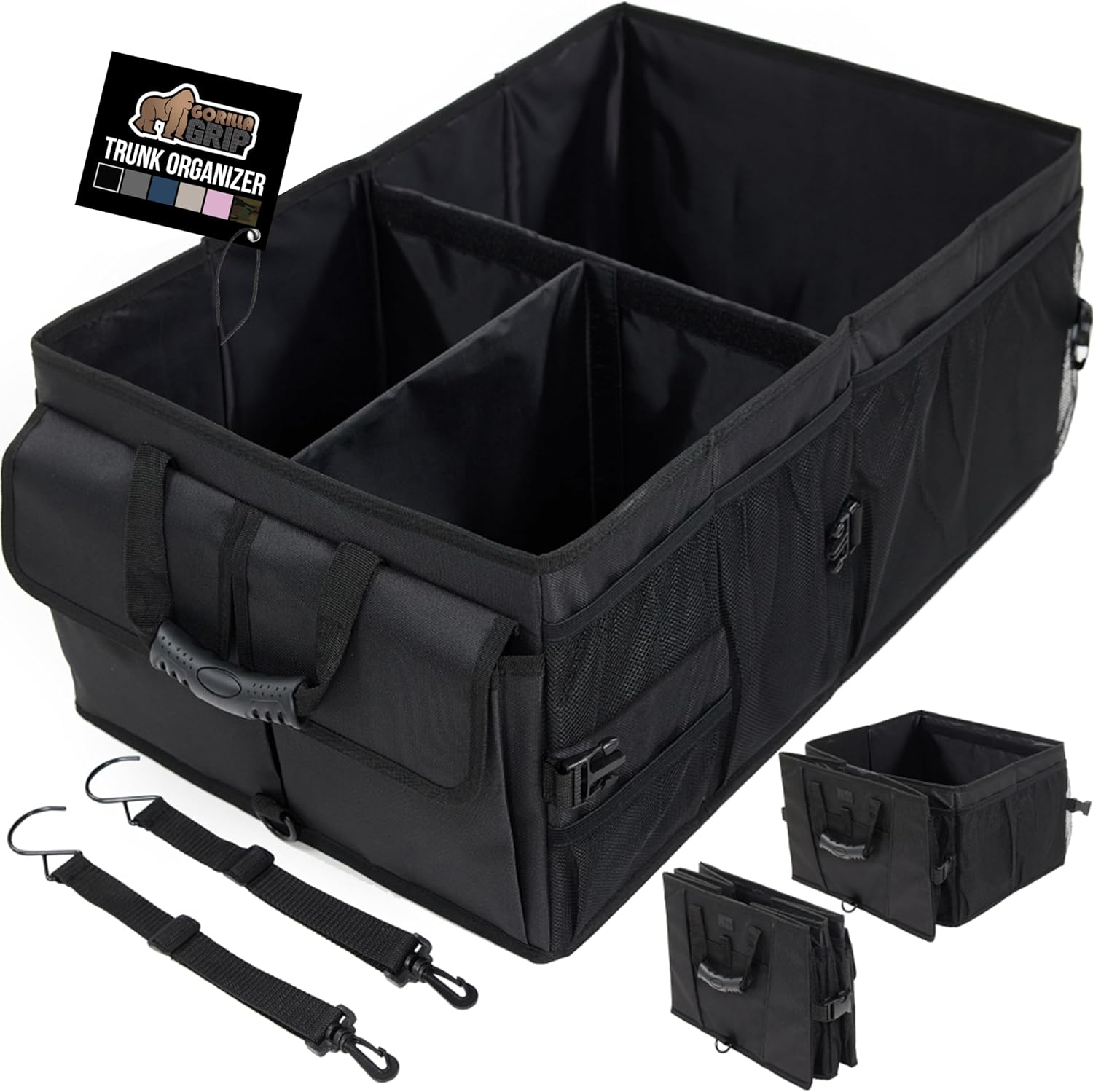 Gorilla Grip Large Trunk Organizer: Sturdy, Collapsible, Water-Resistant Car SUV Storage with Multiple Compartments, Black