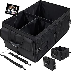 GORILLA GRIP Large Capacity Sturdy Trunk Storage Organizer, Slip and Water Resistant Collapsible Organization Container, Holiday Gifts for Men, Women, Multi Compartment Car or SUV Accessories, Black