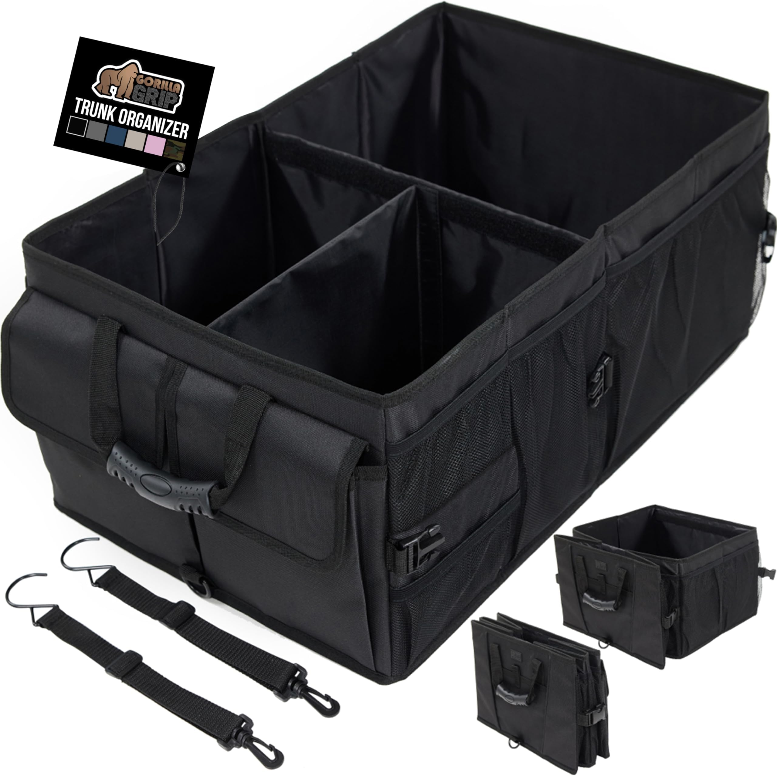 GORILLA GRIP Large Capacity Sturdy Trunk Storage Organizer, Slip and Water Resistant Collapsible Organization Container, Holiday Gifts for Men, Women, Multi Compartment Car or SUV Accessories, Black