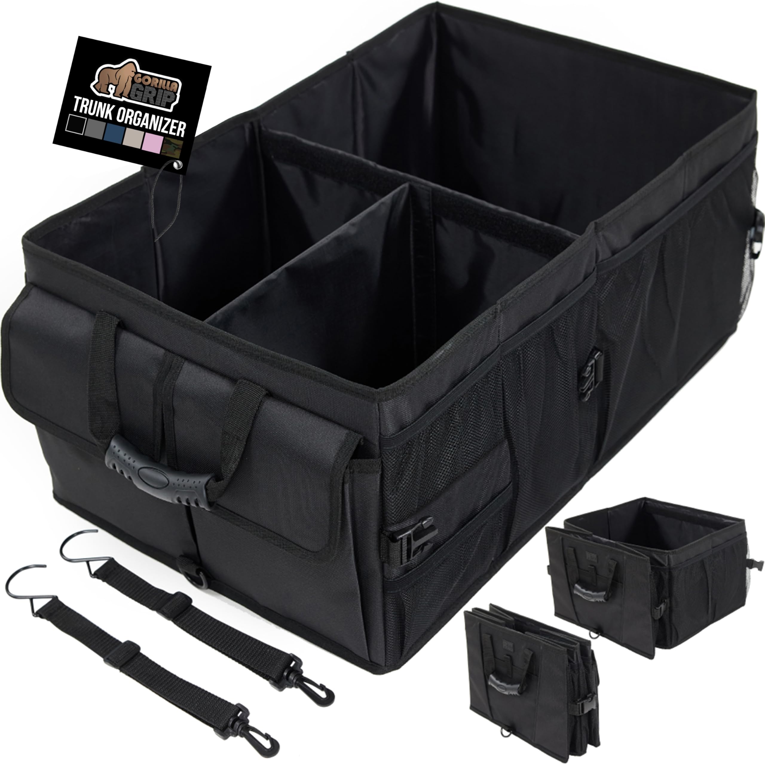 GORILLA GRIP Large Capacity Sturdy Trunk Storage Organizer, Slip and Water Resistant Collapsible Organization Container, Holiday Gifts for Men, Women, Multi Compartment Car or SUV Accessories, Black