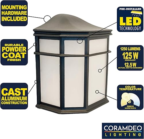 Miniatura 3 de CORAMDEO Linterna de bolsillo para exteriores, para entrada, porche, cubierta, ubicación húmeda, LED integrada que proporciona 125 W de luz, 1250