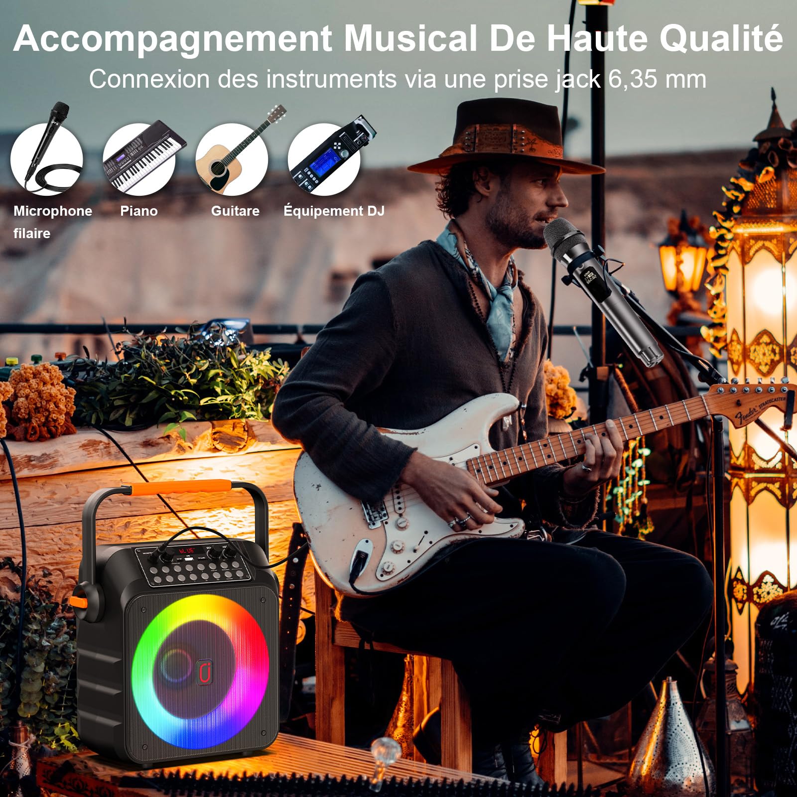 HWWR Karaoke Adulte avec 2 Microphones, Karaoké Professionnel Portable Bluetooth 5.3 avec LED, 80W Puissance Enceinte Micro, Haut-Parleur Amplifié Portable Système Karaoké Soutien REC/USB/TF/AUX