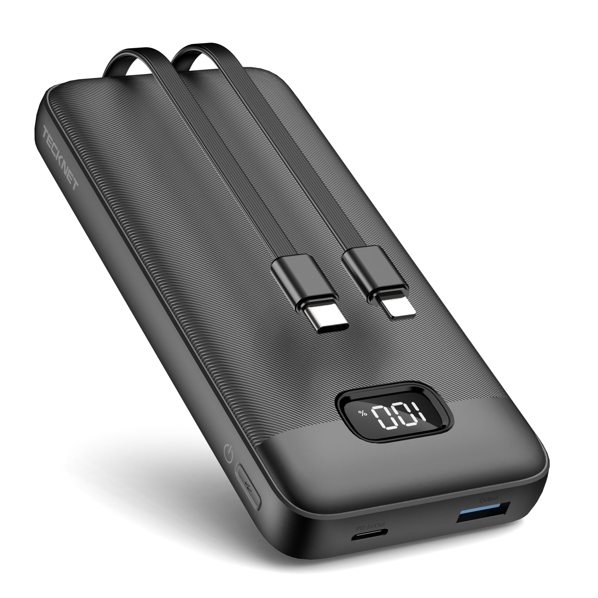 TECKNET Powerbank 20000mAh 22,5 W Schnellladefunktion PD3.0 QC4.0, externer Handyakku mit LED-Display, 4 Anschlüsse & 2 integrierten Kabeln, USB-C-Kabel inklusive, kompatibel mit iPhone 17 16 15 14 13