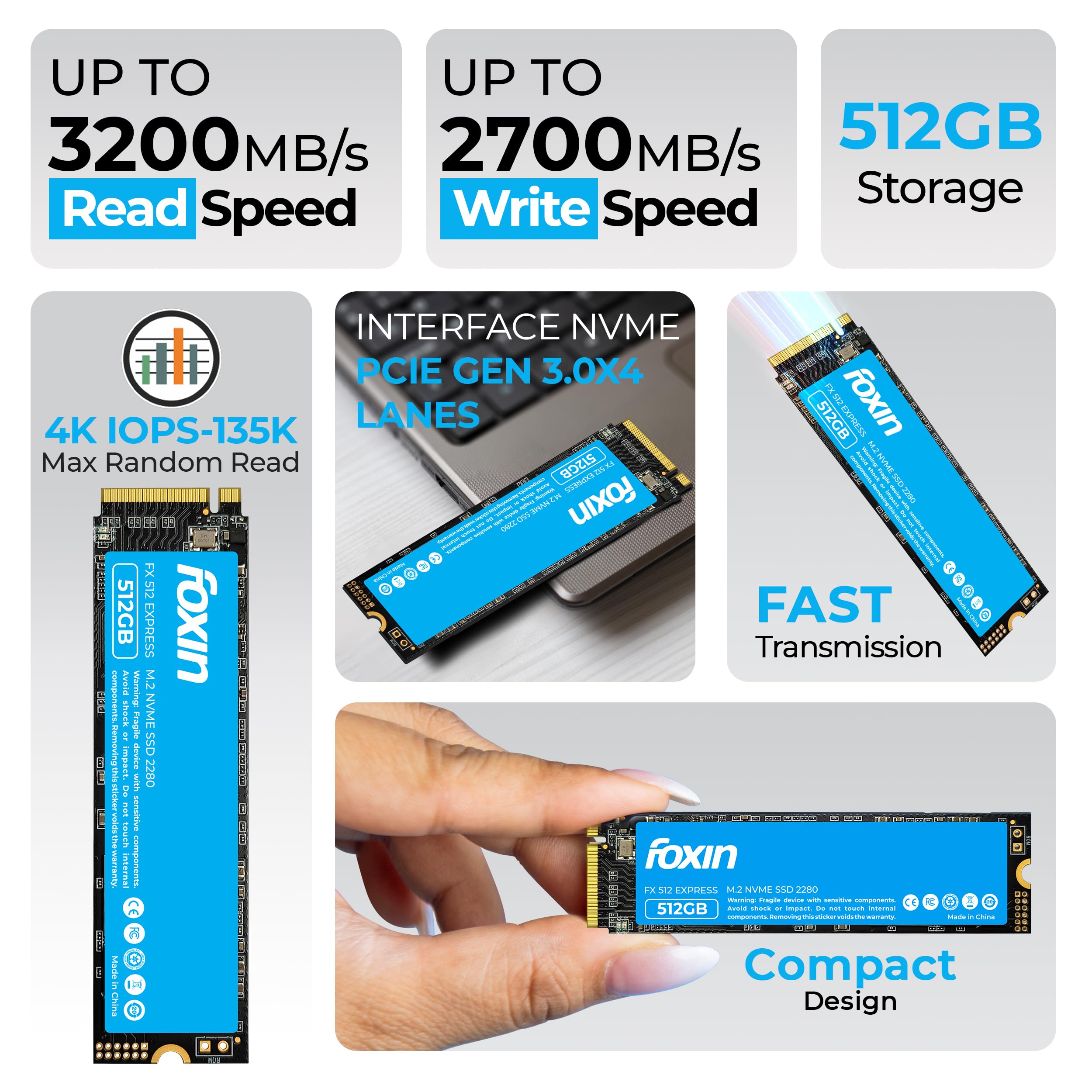 Foxin SSD 512GB NVMe Internal Solid State Drive M.2 PCIe 3.0