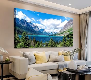 Landscape Saint Mary Lake Canvas Wall Art for Living Room Wall Decor Glacier National Park Canvas Pictures Blue Sky Mountain Forest Nature Scene Painting Artwork Home Office Decorations 24" x 48"