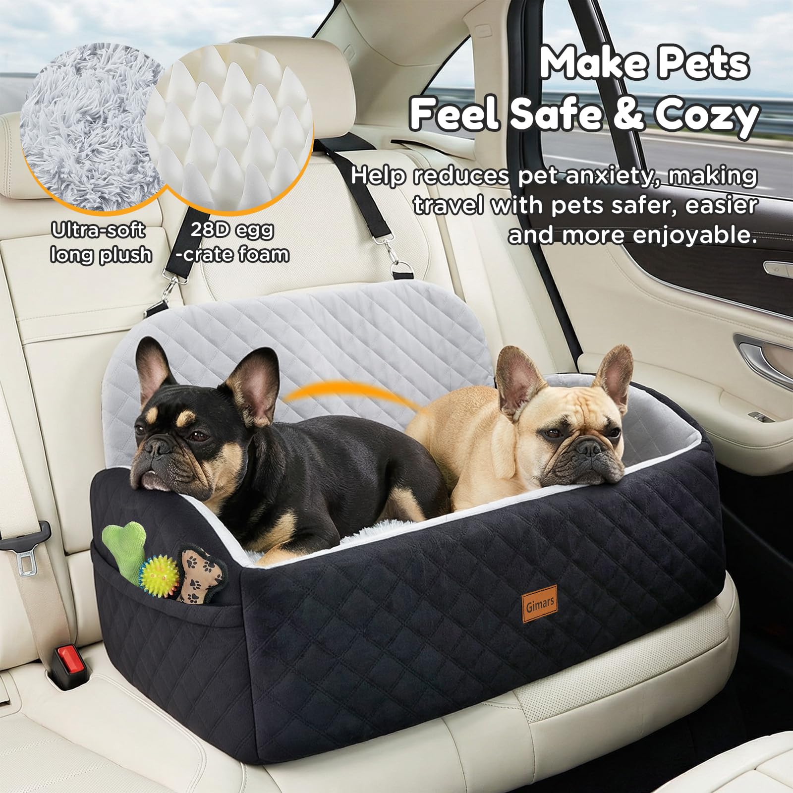 Gimars Reversibile Seggiolino Auto Per Cani conPeluche Lungo/Corto Cuscino sedile Per Cani Piccoli/Medi Fino A 27kg, Sfoderabile Lavabile Trasportino Per Cani Auto Con 13cm 28D Egg-Crate Schiuma, L