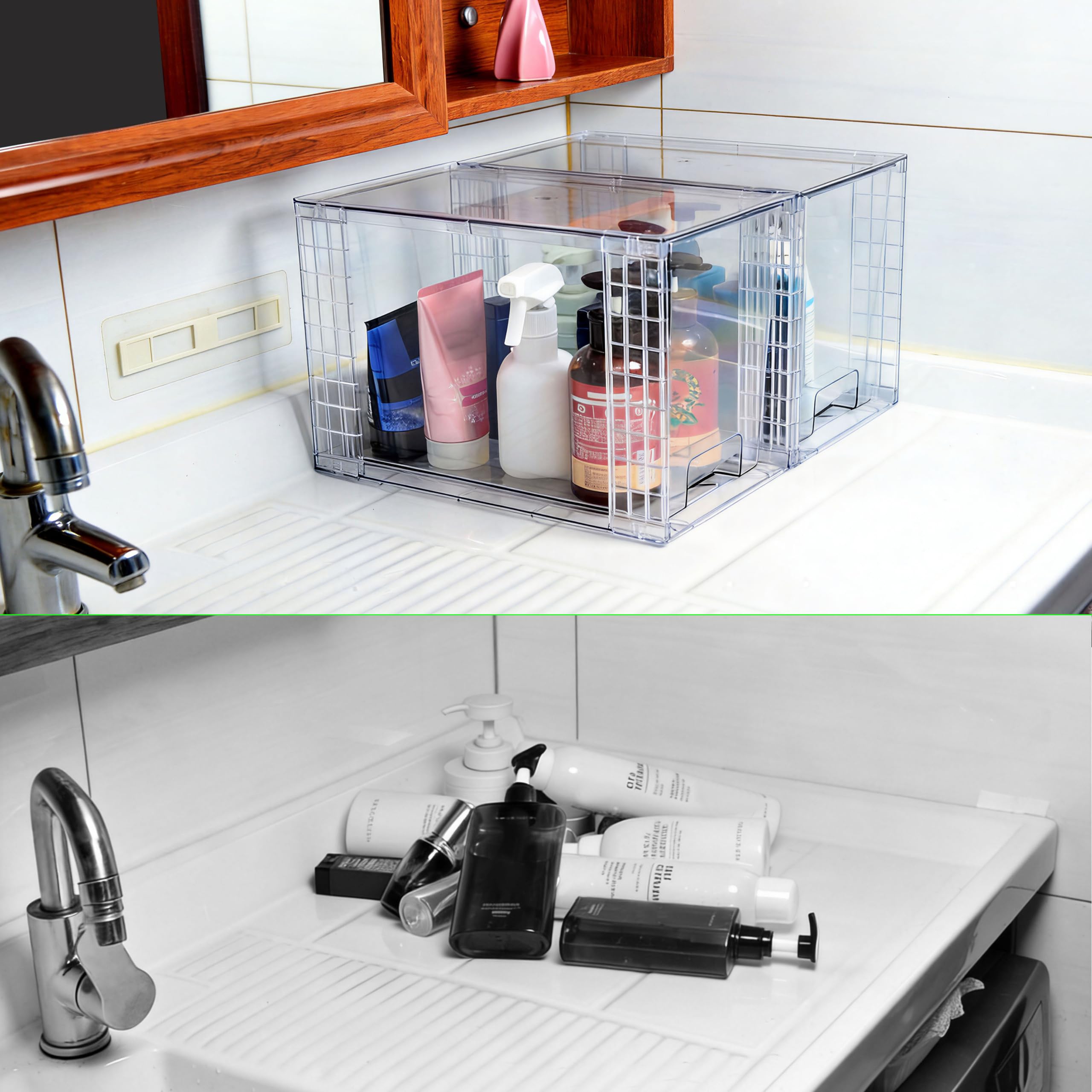 4 Cajones Apilables Transparentes, Organizadores de Plástico para Cuidado de la Piel, Baño, Cocina, Tocador, Despensa, Oficina, Armario y Almacenamiento Bajo Fregadero