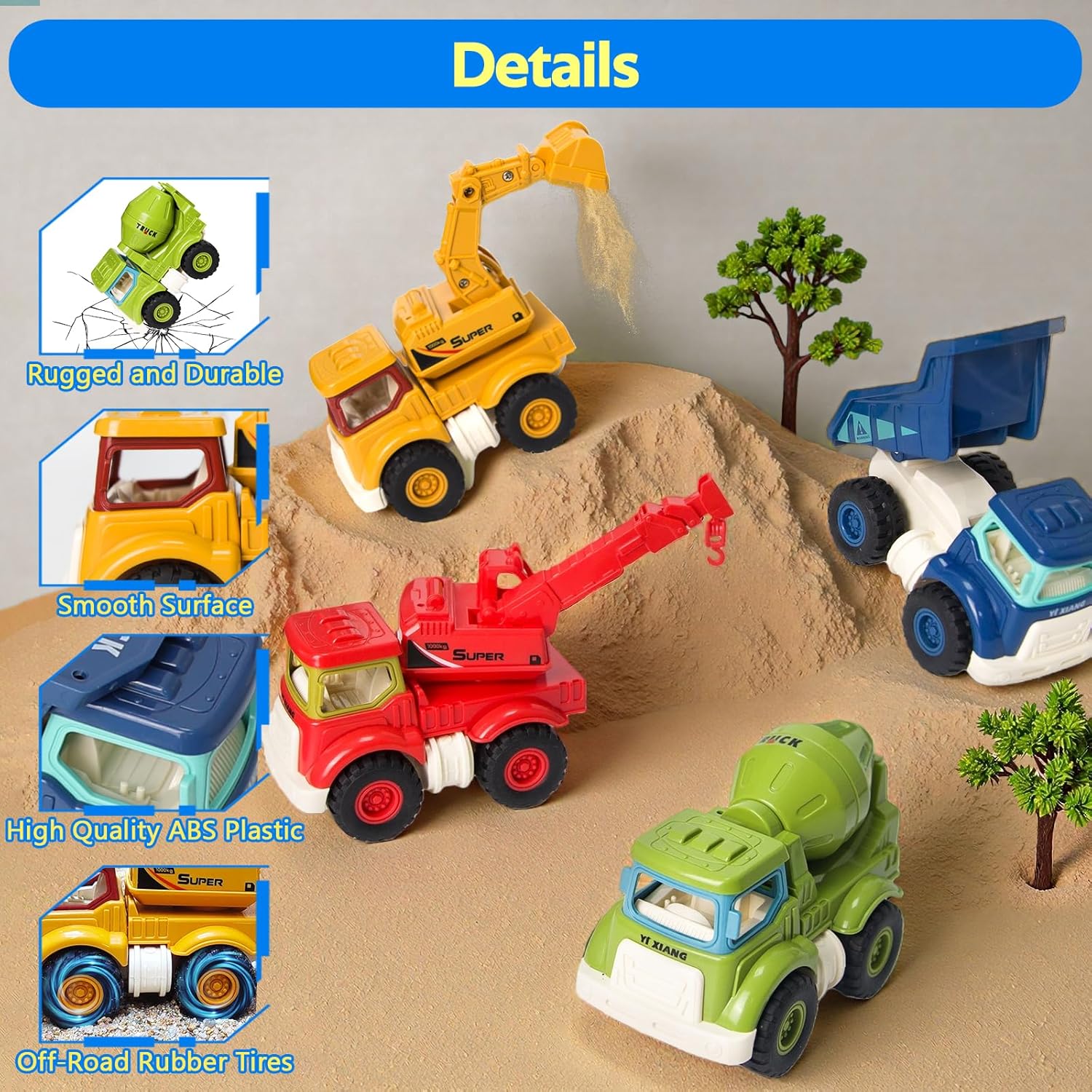 Construction Toys for Toddlers 2 3 4 5 Years Old, Sandbox Excavator Toy with Construction Truck Vehicles Dump Crane Cement Mixer Truck Toys for Boys Girls Kids, Christmas Birthday Ideas Gifts