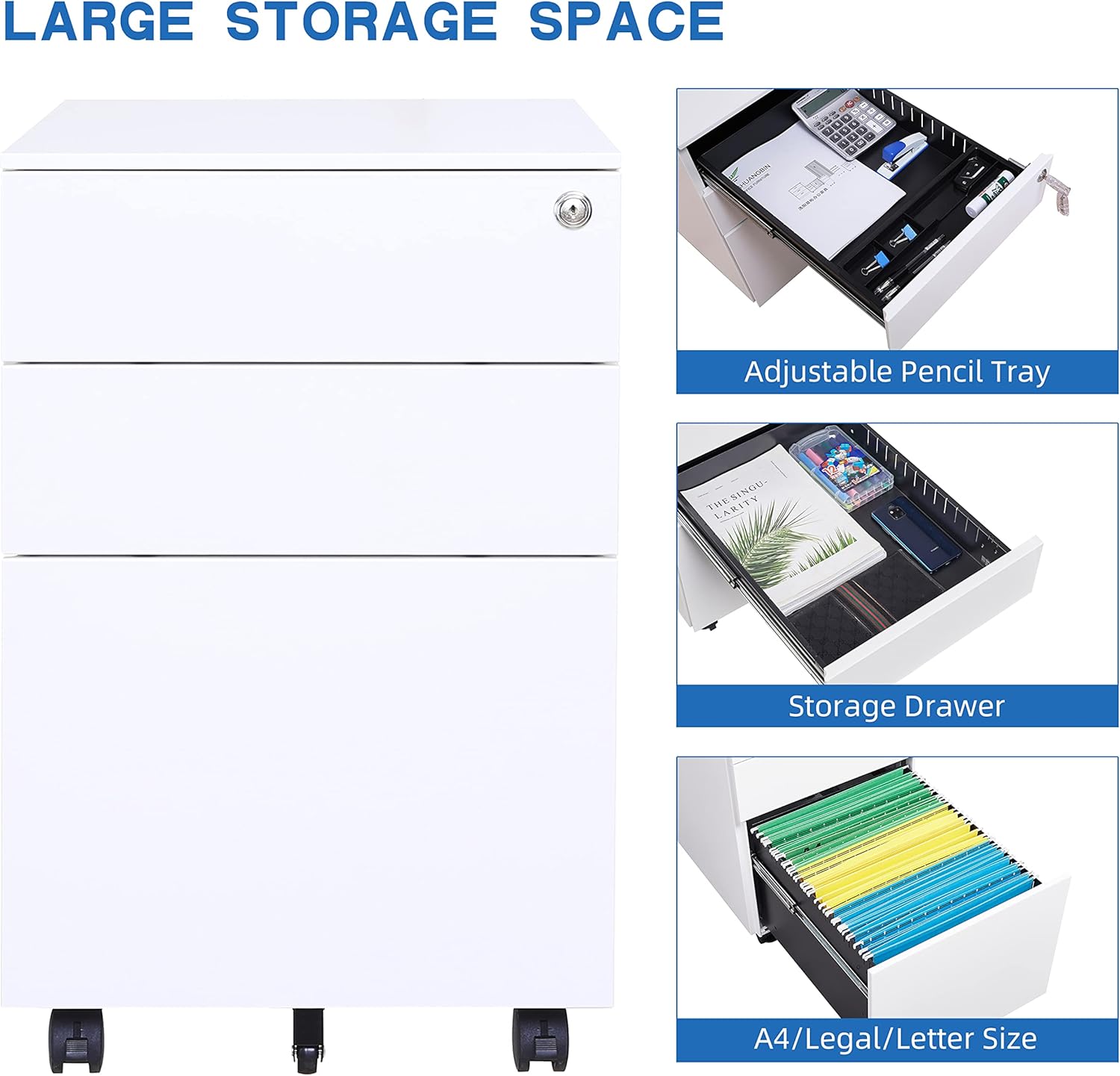 3 Drawer File Cabinet with Lock, Steel Mobile Filing Cabinet on Anti-tilt Wheels, Rolling Locking Office Cabinets Under Desk for Legal/Letter Size (White)