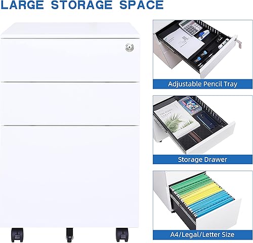Miniatura 3 de Archivador móvil de 3 cajones con cerradura, archivador de almacenamiento de oficina para tamaño legalcarta, archivador de metal premontado debajo
