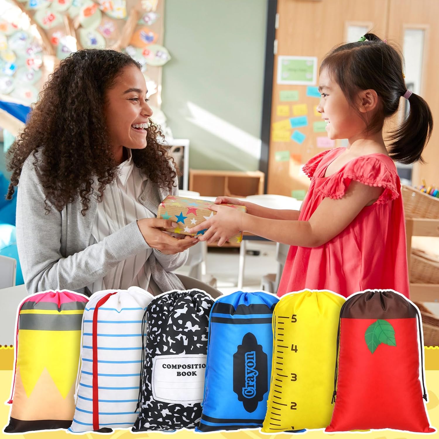 SilTriangle 24 Pcs Teacher Appreciation Bags Bulk Valentines Day Gifts for Teachers 10 x 7'' Drawstring Bags 6 Styles Pencil Notebooks Crayon Notebook Pattern Thank You Gifts for Classroom Party Favor - Image 7